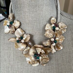 Cream and Gold Floral Necklace with Mother of Pearl
